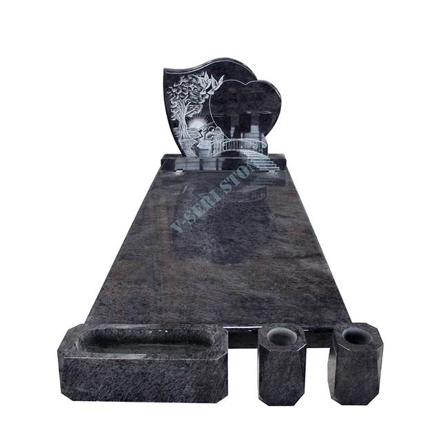 フランスの墓石、花崗岩バハマブルーに白線彫刻あり