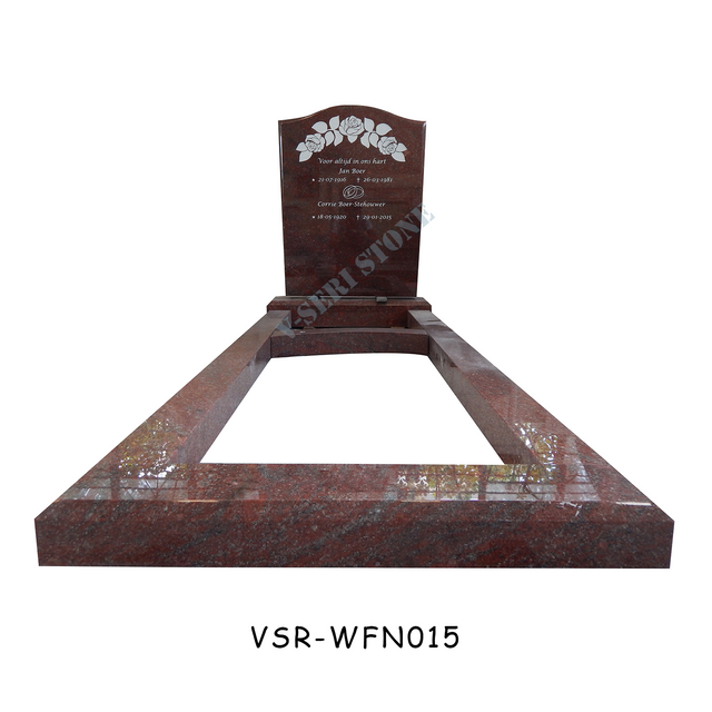 赤い花崗岩のオランダの墓石墓地の花が付いている墓石